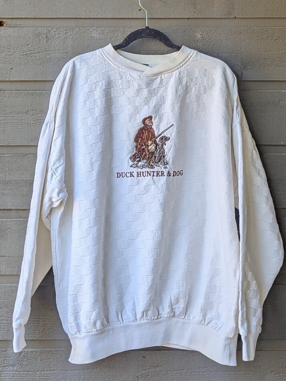 VTG 80s Benchmark Duck Hunter & Dog Embroidered Checkered Sweatshirt XL